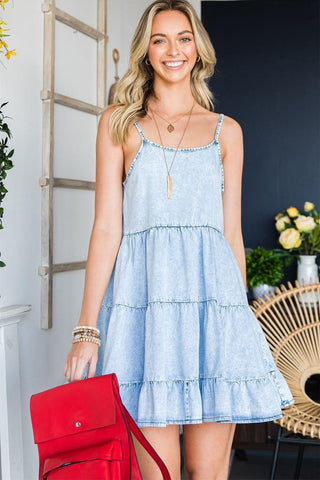 Spaghetti Strap Tiered Denim Dress, Sky Blue - SwagglyLife Home & Fashion