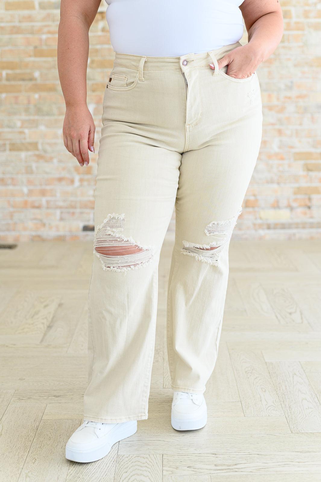 Selena High Rise Distressed 90's Straight Jeans in Bone - SwagglyLife Home & Fashion