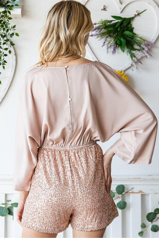 Sequin Drawstring Waist Dolman Sleeve Romper - SwagglyLife Home & Fashion