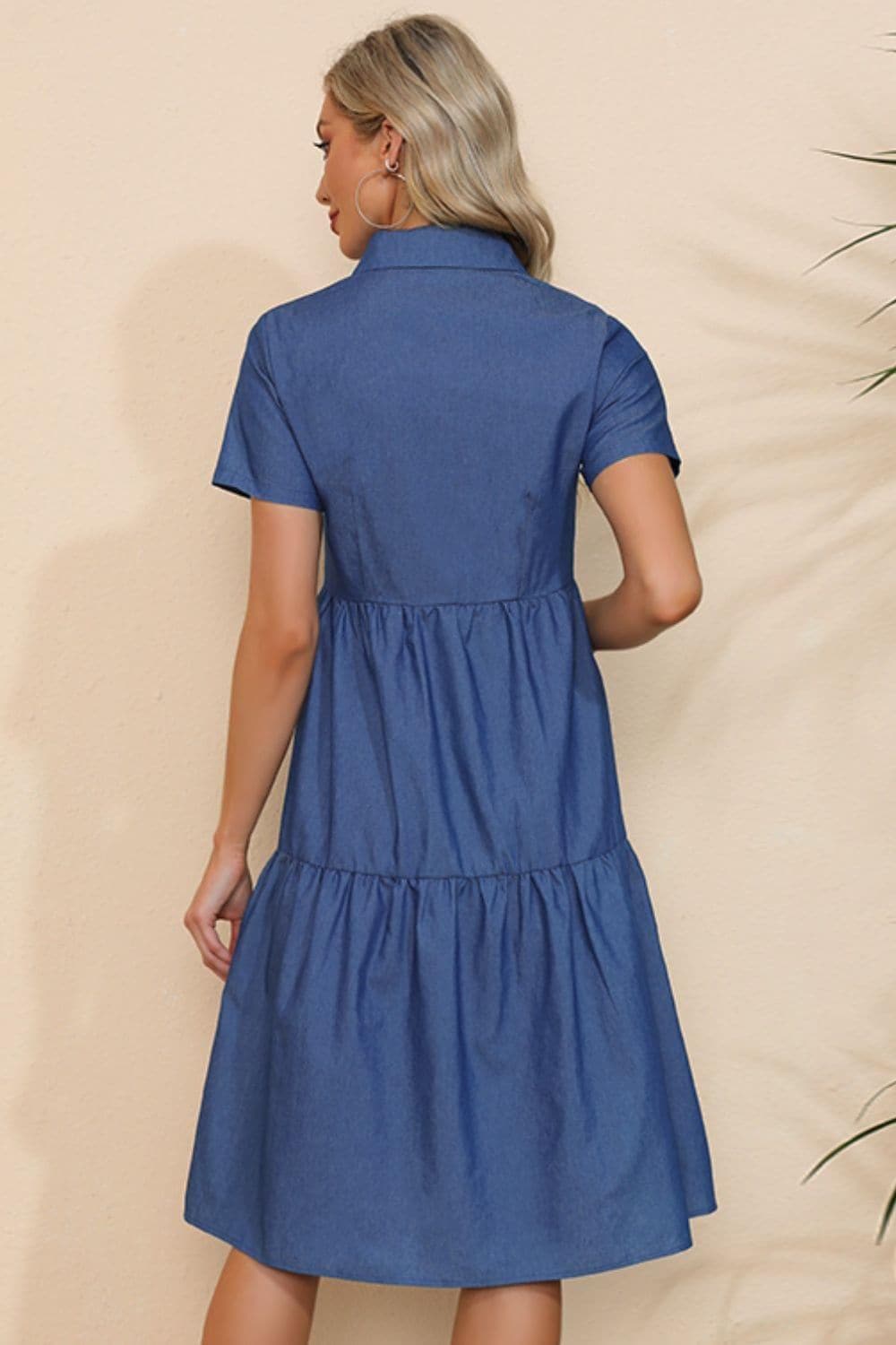 Short Sleeve Collared Button Down Denim Dress - SwagglyLife Home & Fashion