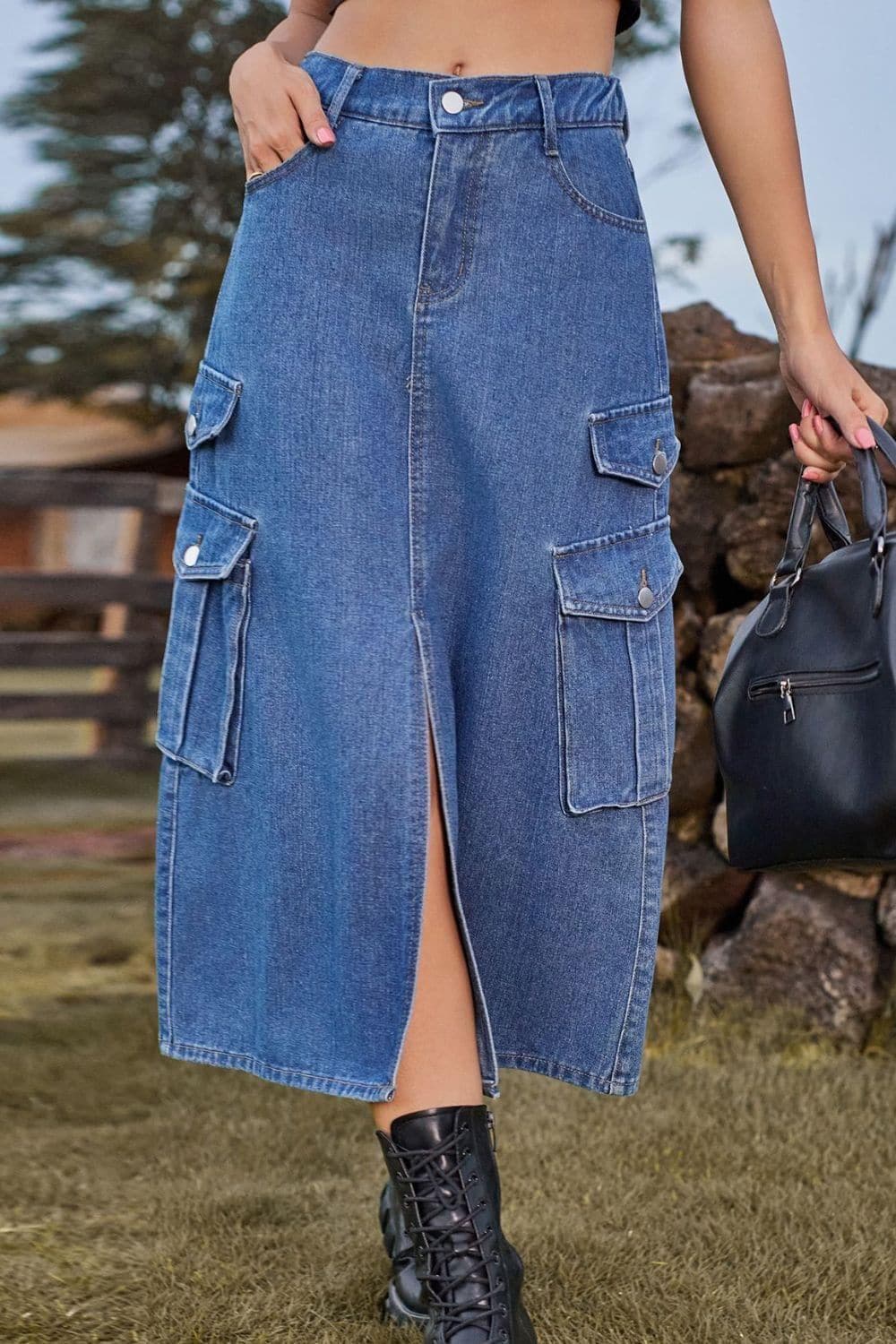 Slit Front Midi Denim Skirt with Pockets, Multiple Colors - SwagglyLife Home & Fashion