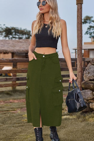 Slit Front Midi Denim Skirt with Pockets, Multiple Colors - SwagglyLife Home & Fashion