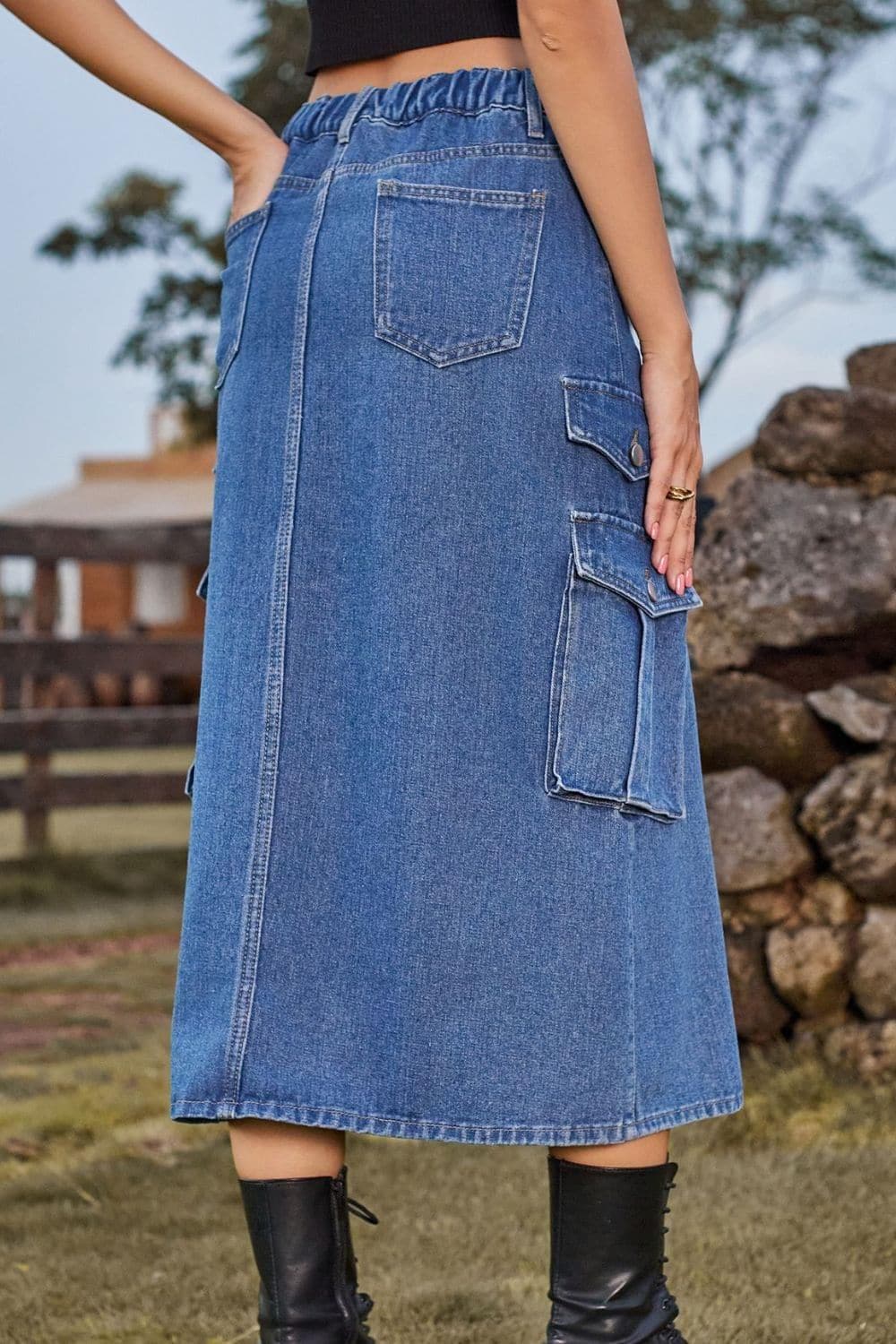 Slit Front Midi Denim Skirt with Pockets, Multiple Colors - SwagglyLife Home & Fashion