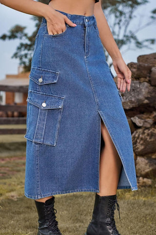 Slit Front Midi Denim Skirt with Pockets, Multiple Colors - SwagglyLife Home & Fashion