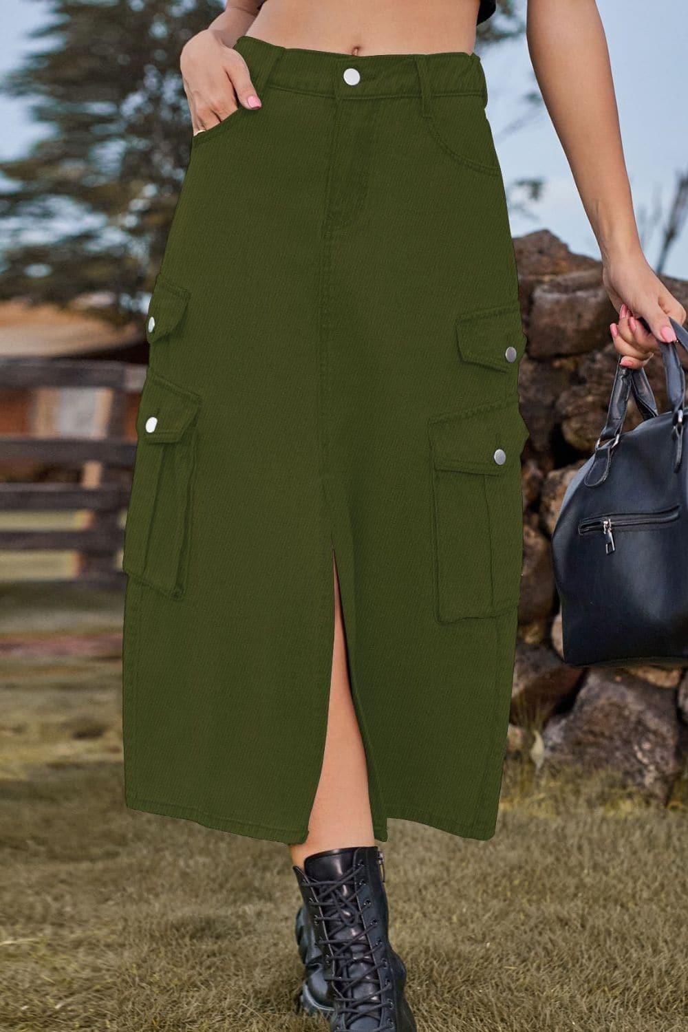 Slit Front Midi Denim Skirt with Pockets, Multiple Colors - SwagglyLife Home & Fashion