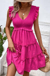 Smocked Frill Trim Deep V Dress, Hot Pink - SwagglyLife Home & Fashion