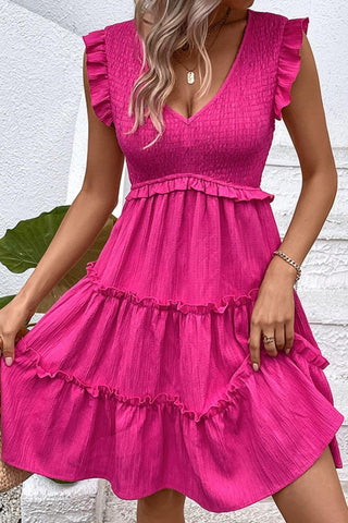 Smocked Frill Trim Deep V Dress, Hot Pink - SwagglyLife Home & Fashion