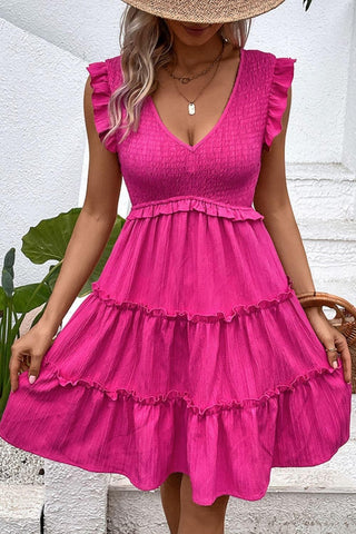 Smocked Frill Trim Deep V Dress, Hot Pink - SwagglyLife Home & Fashion