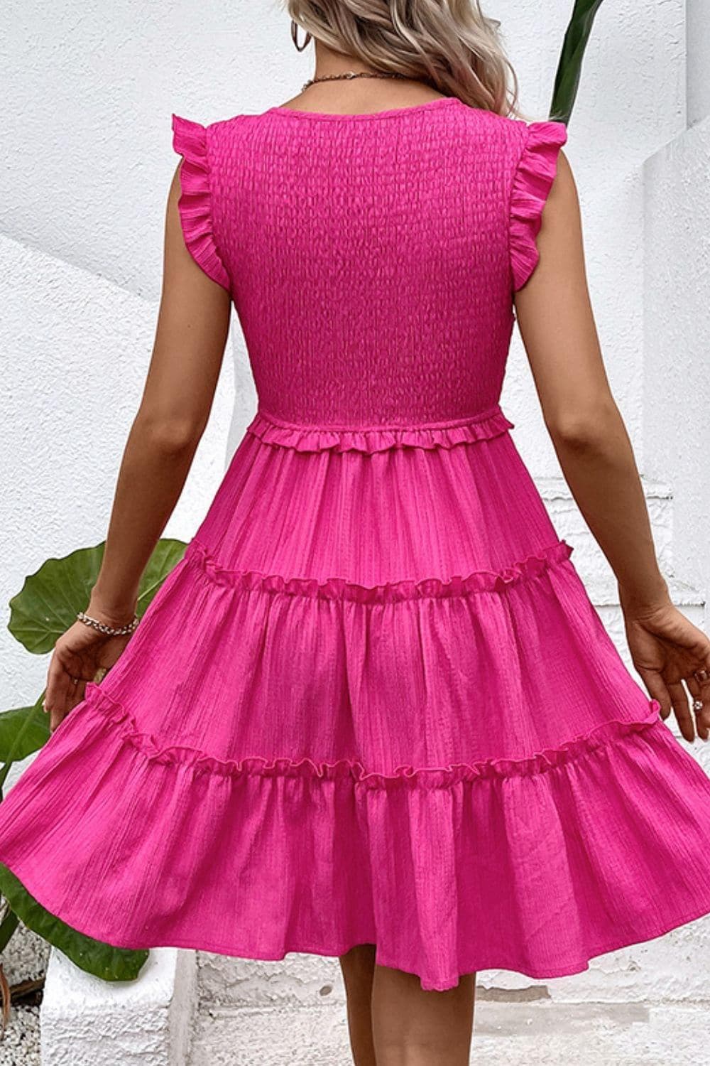Smocked Frill Trim Deep V Dress, Hot Pink - SwagglyLife Home & Fashion