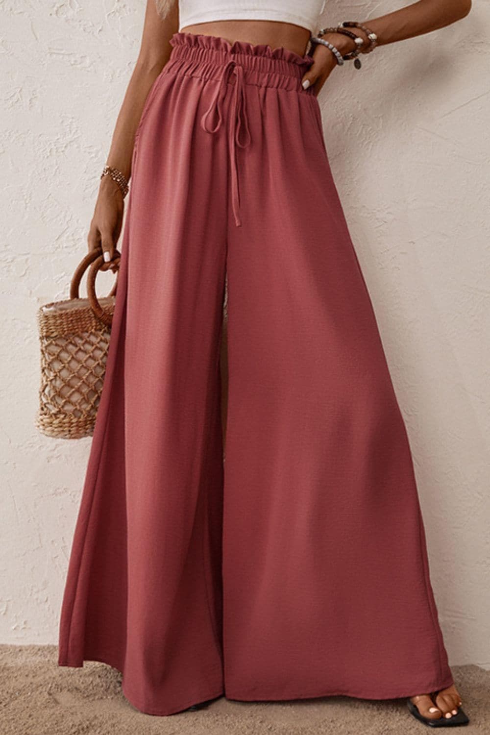 Smocked Paperbag Waist Wide Leg Pants - SwagglyLife Home & Fashion