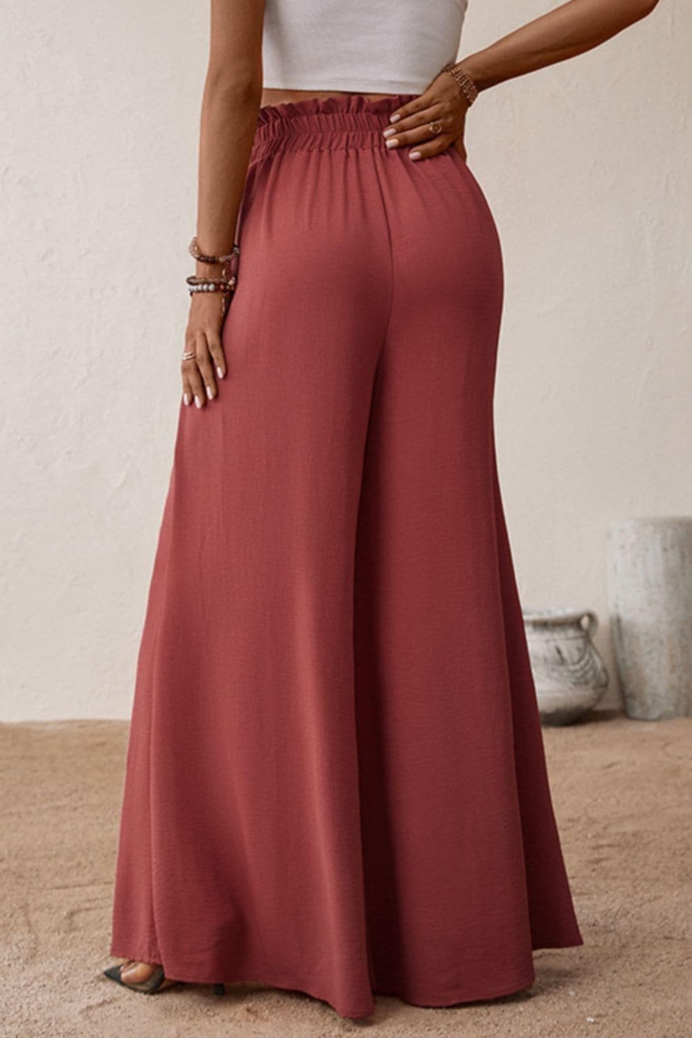 Smocked Paperbag Waist Wide Leg Pants - SwagglyLife Home & Fashion