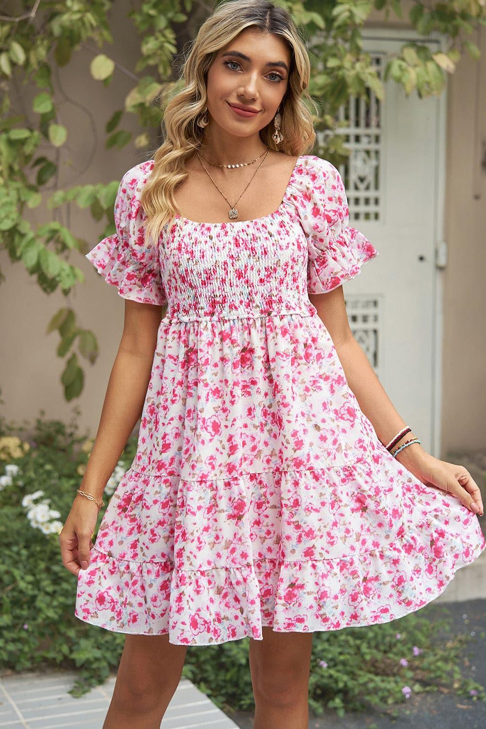 Smocked Printed Flounce Sleeve Mini Dress - SwagglyLife Home & Fashion