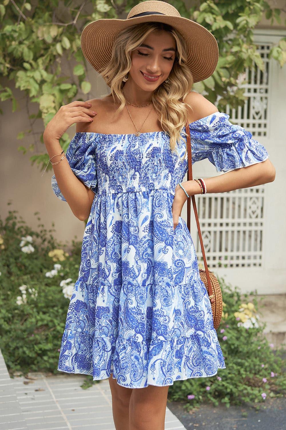 Smocked Printed Flounce Sleeve Mini Dress - SwagglyLife Home & Fashion