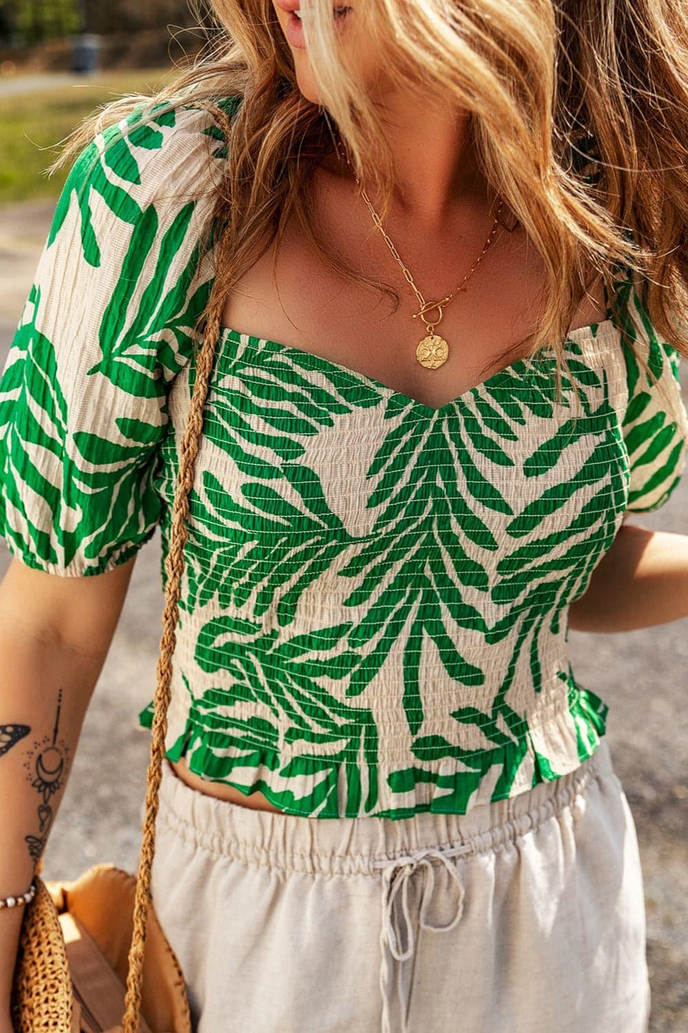 Smocked Printed Short Sleeve Blouse - SwagglyLife Home & Fashion