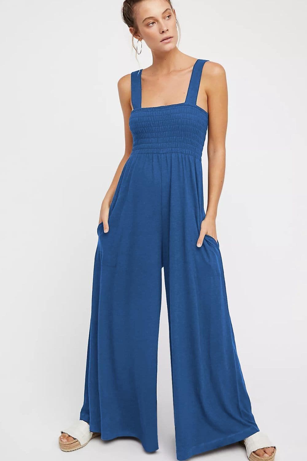 Smocked Square Neck Wide Leg Jumpsuit with Pockets, Multiple Colors - SwagglyLife Home & Fashion