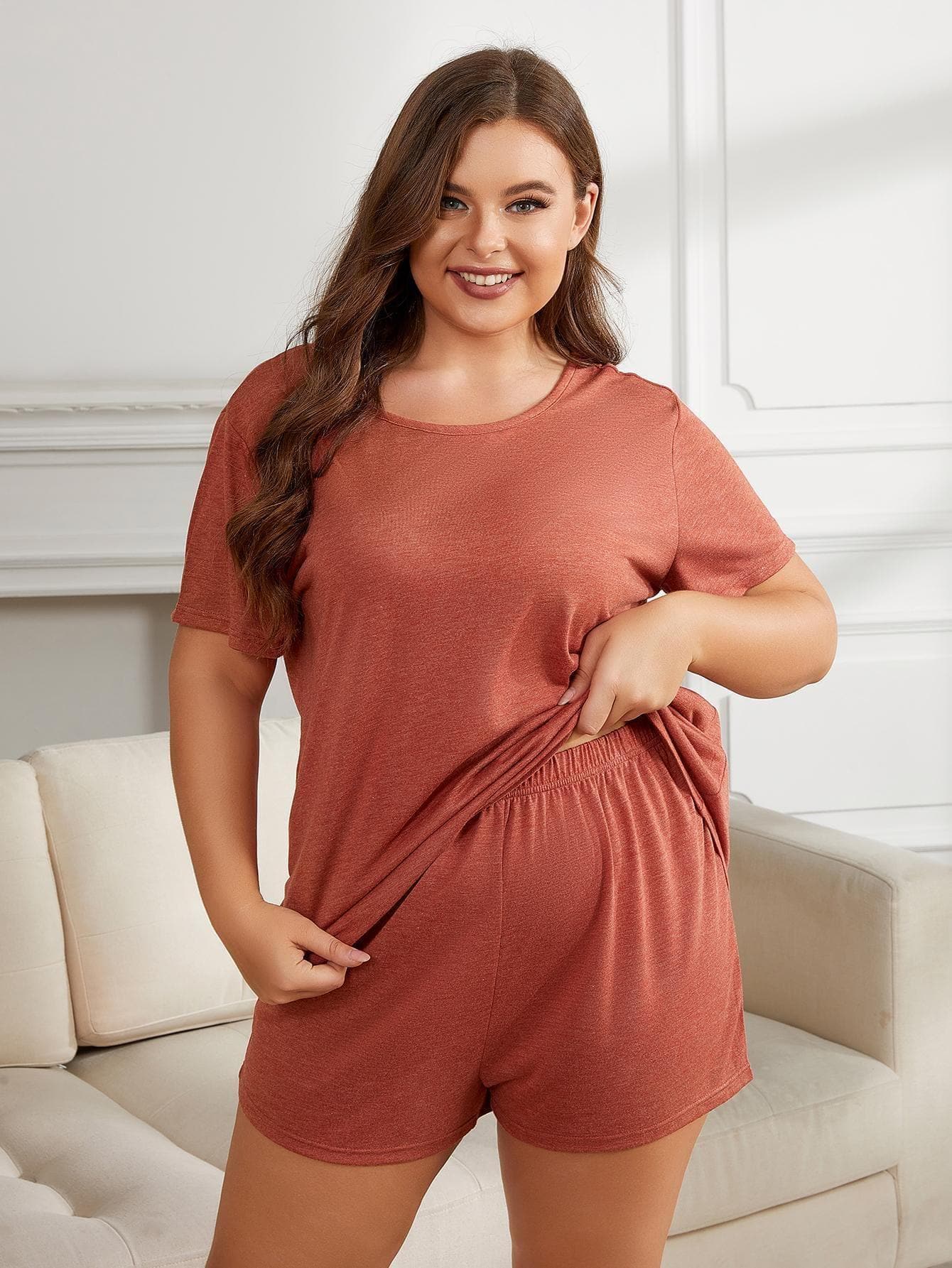 Plus Size Round Neck Short Sleeve Two-Piece Loungewear Set - SwagglyLife Home & Fashion