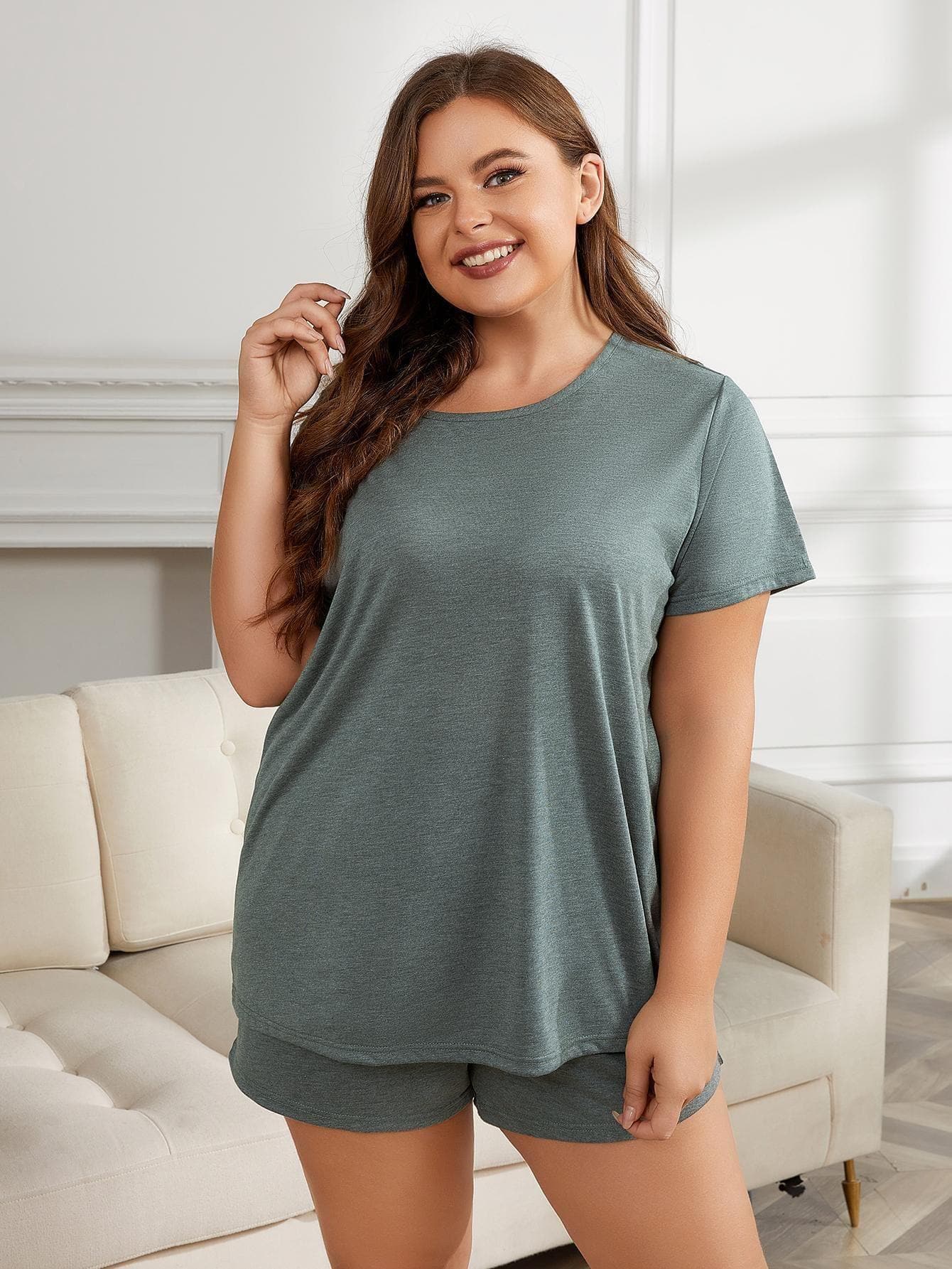 Plus Size Round Neck Short Sleeve Two-Piece Loungewear Set - SwagglyLife Home & Fashion