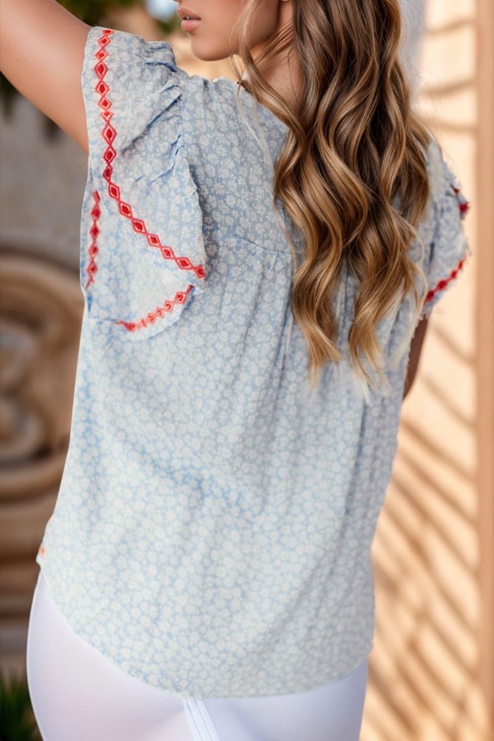 Sophie Embroidered Round Neck Cap Sleeve Blouse - SwagglyLife Home & Fashion