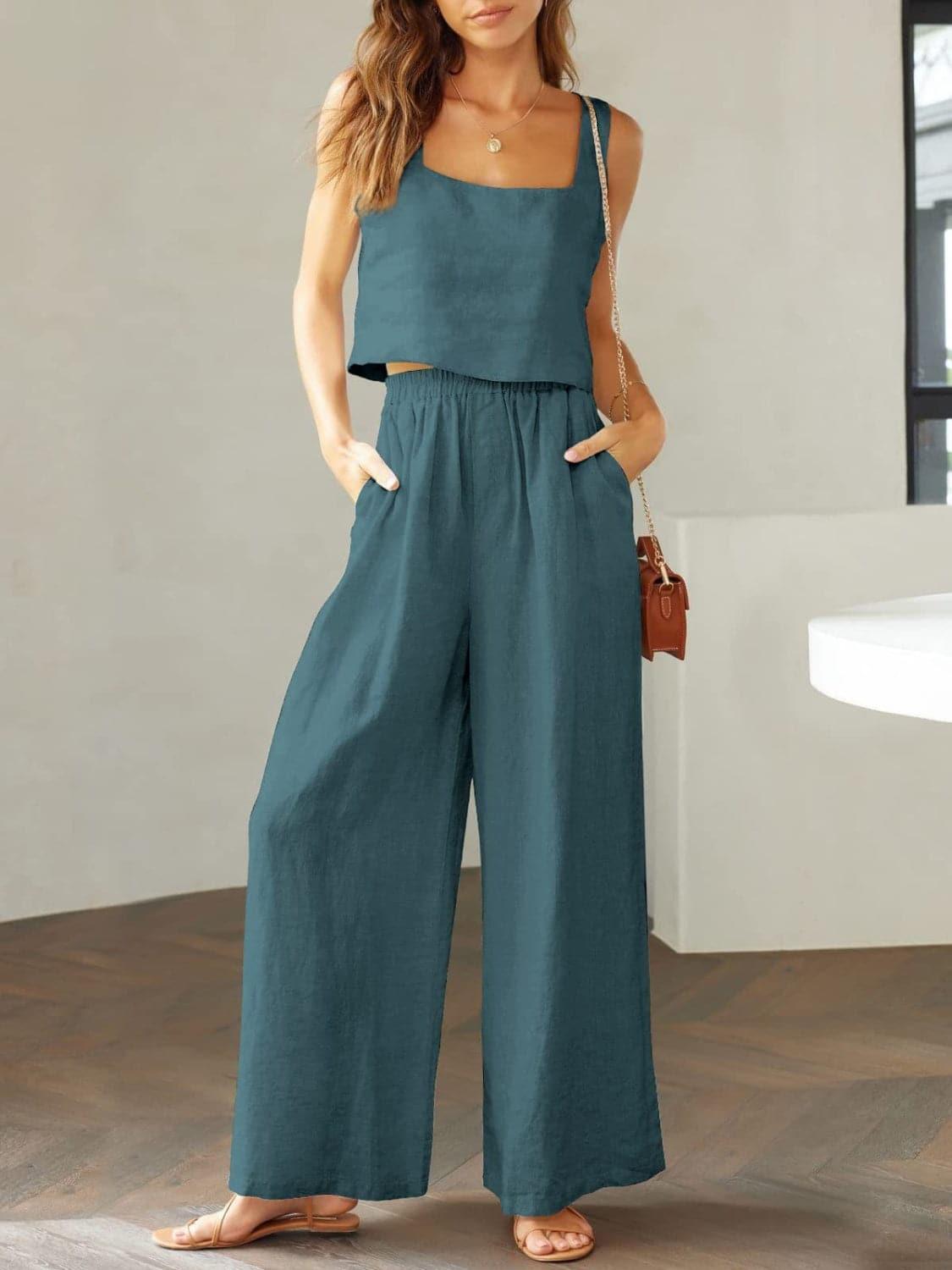 Square Neck Top and Wide Leg Pants Set - SwagglyLife Home & Fashion