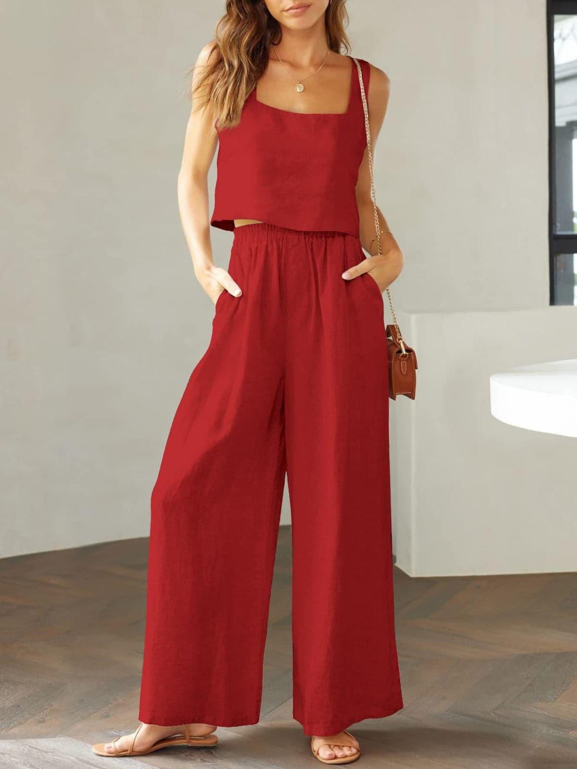 Square Neck Top and Wide Leg Pants Set - SwagglyLife Home & Fashion