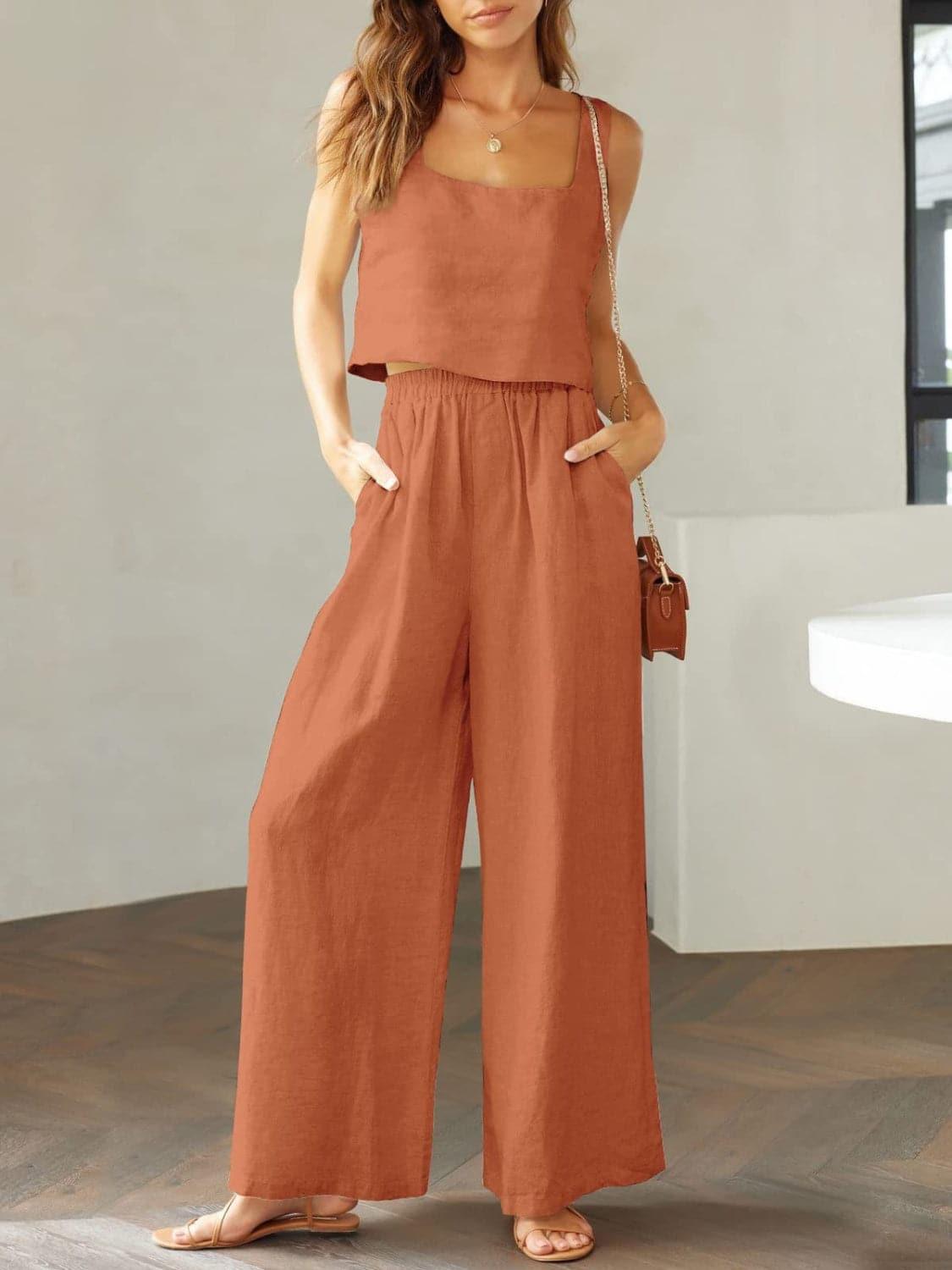 Square Neck Top and Wide Leg Pants Set - SwagglyLife Home & Fashion