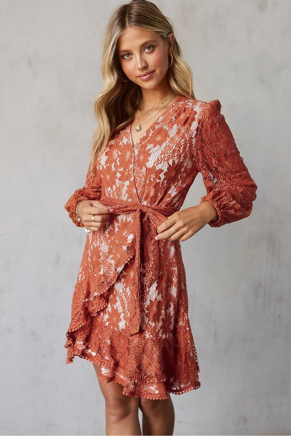 Pompom Trim Puff Sleeve Belted Lace Dress - SwagglyLife Home & Fashion