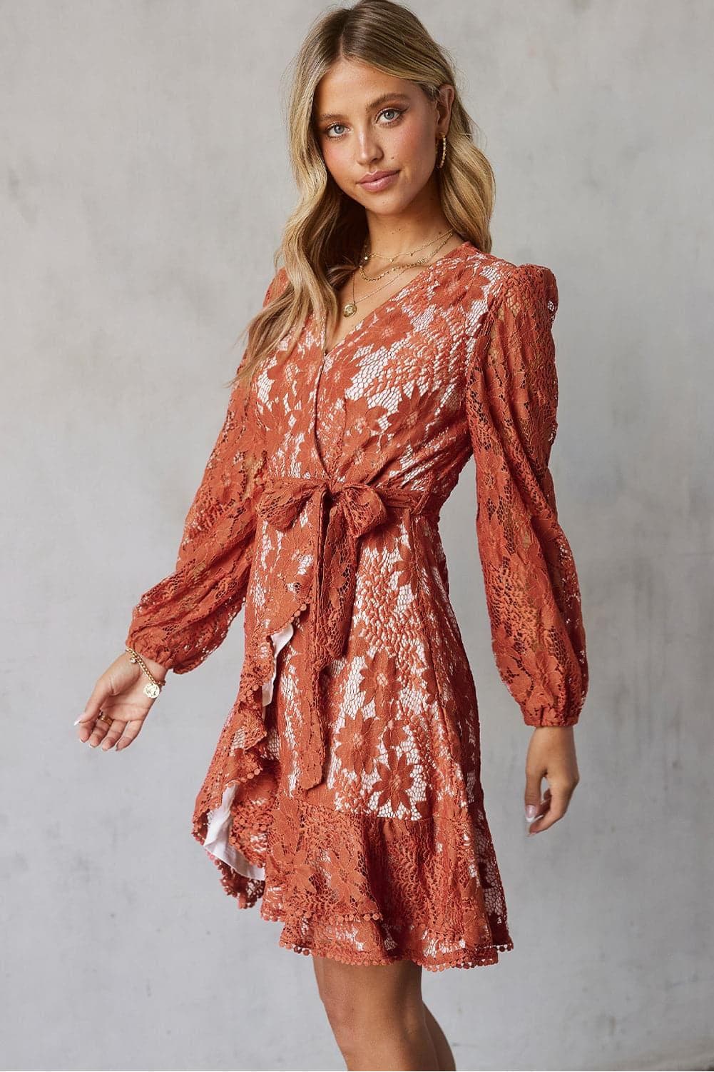 Pompom Trim Puff Sleeve Belted Lace Dress - SwagglyLife Home & Fashion