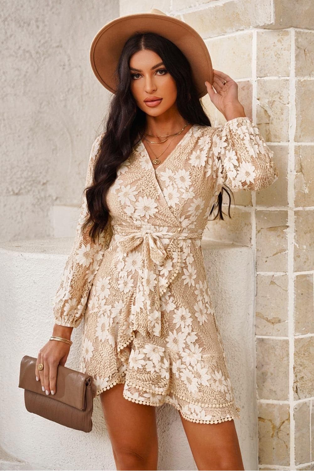 Pompom Trim Puff Sleeve Belted Lace Dress - SwagglyLife Home & Fashion