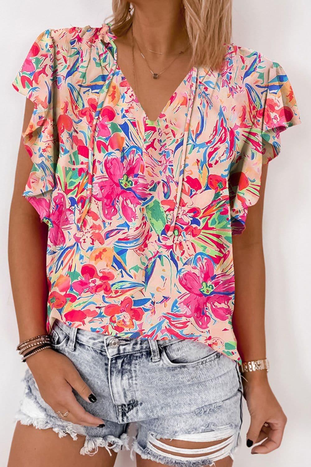 Stacey Ruffled Printed Tie Neck Cap Sleeve Blouse - SwagglyLife Home & Fashion