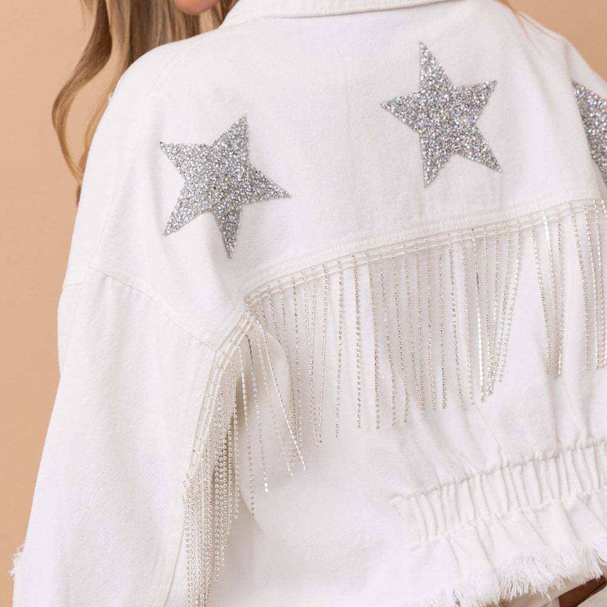Star Raw Hem Fringe Detail Denim Jacket - SwagglyLife Home & Fashion