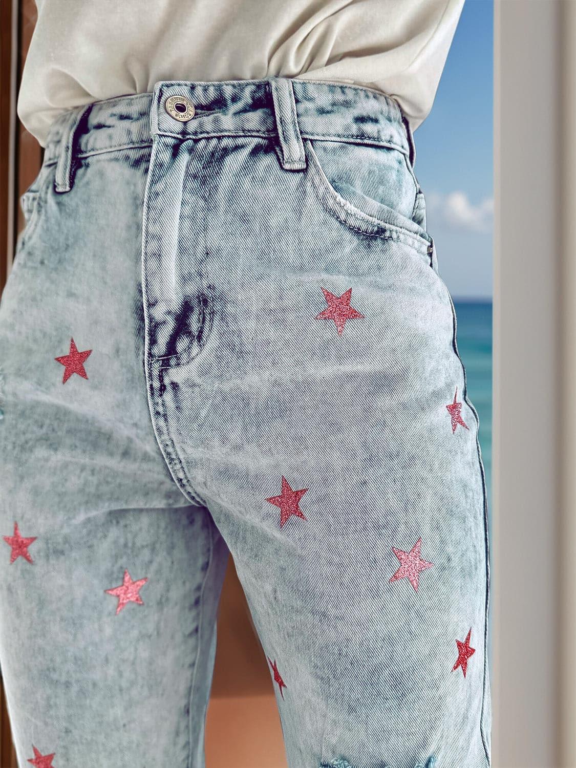 Star Spangled Distressed Star Jeans with Pockets - SwagglyLife Home & Fashion