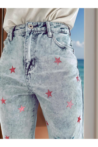 Star Spangled Distressed Star Jeans with Pockets - SwagglyLife Home & Fashion