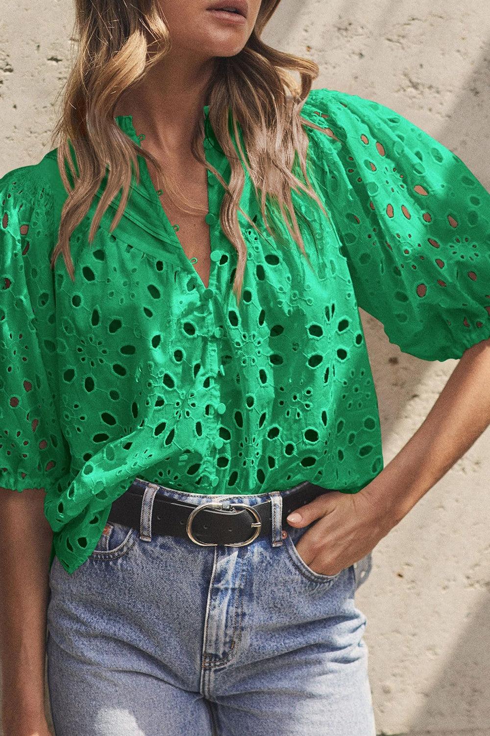 Stella Eyelet Button Up Half Sleeve Blouse - SwagglyLife Home & Fashion