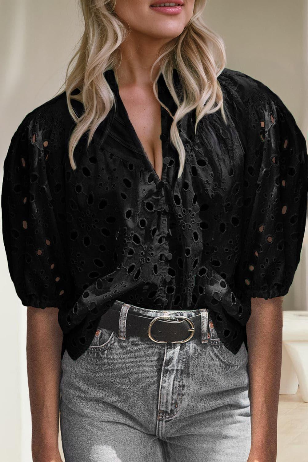 Stella Eyelet Button Up Half Sleeve Blouse - SwagglyLife Home & Fashion