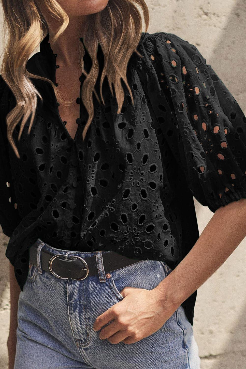 Stella Eyelet Button Up Half Sleeve Blouse - SwagglyLife Home & Fashion