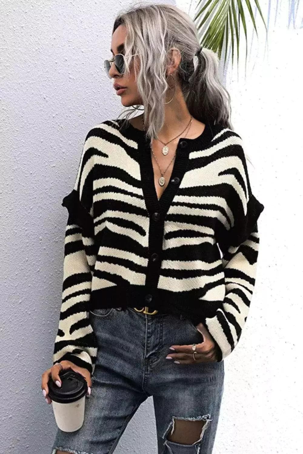 Striped Button-Down Round Neck Drop Shoulder Cardigan - SwagglyLife Home & Fashion