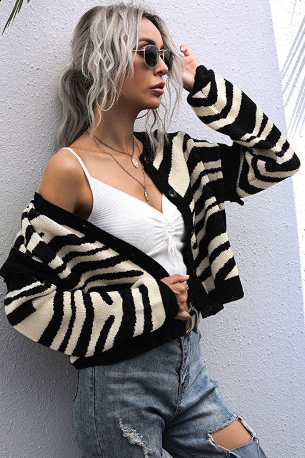 Striped Button-Down Round Neck Drop Shoulder Cardigan - SwagglyLife Home & Fashion