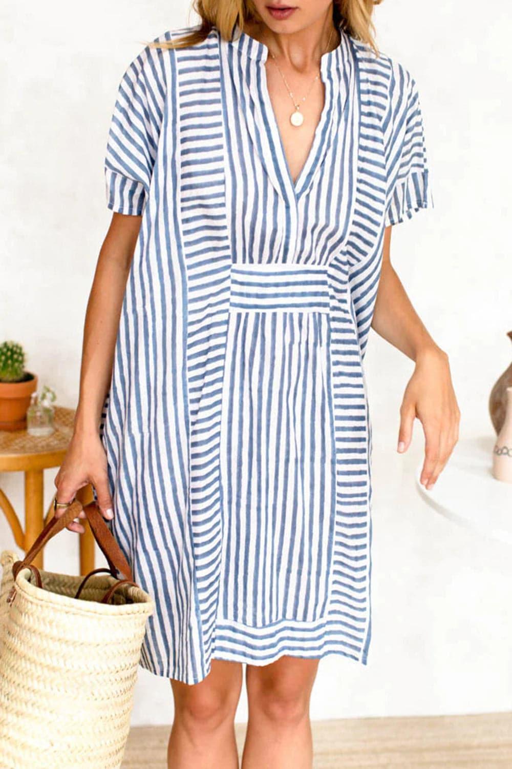 Striped Notched Short Sleeve Mini Dress - SwagglyLife Home & Fashion