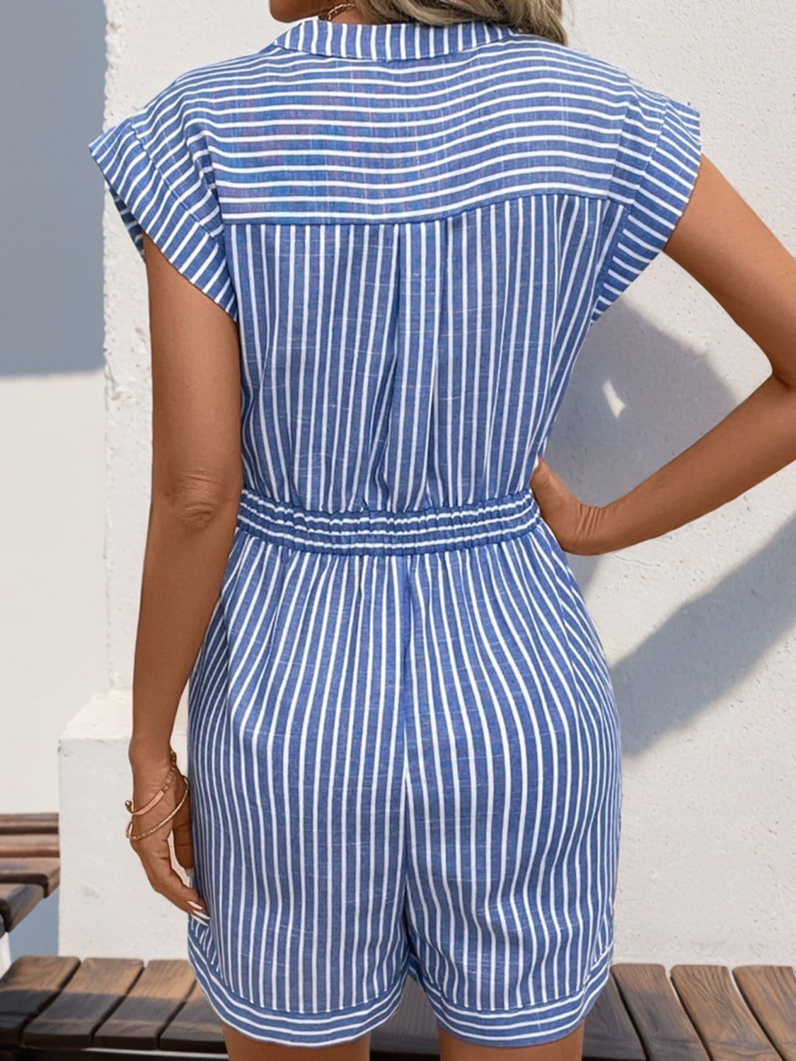 Striped Notched Tie Waist Romper - SwagglyLife Home & Fashion