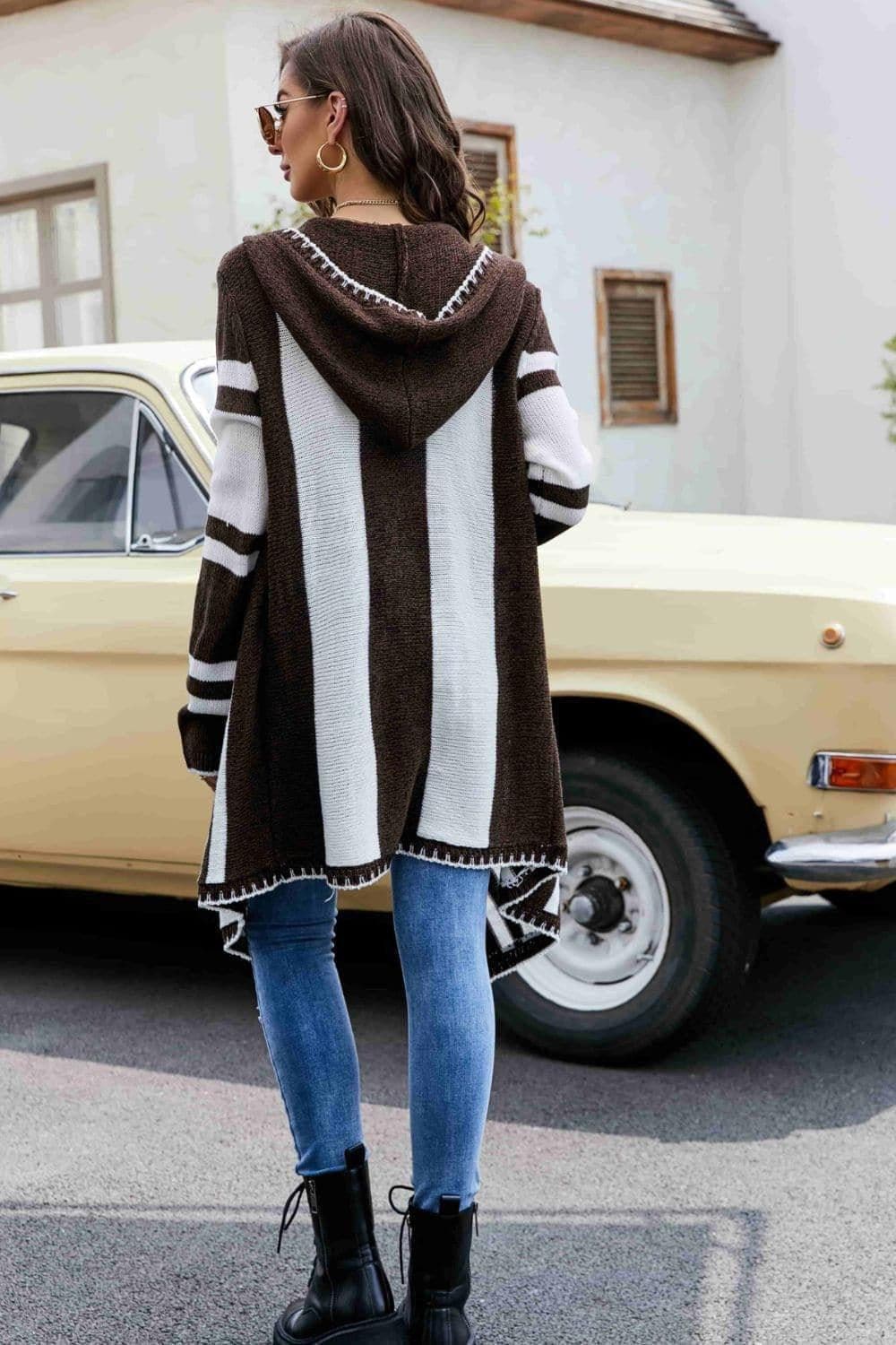 Striped Open Front Hooded Cardigan - SwagglyLife Home & Fashion