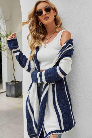 Striped Open Front Hooded Cardigan - SwagglyLife Home & Fashion