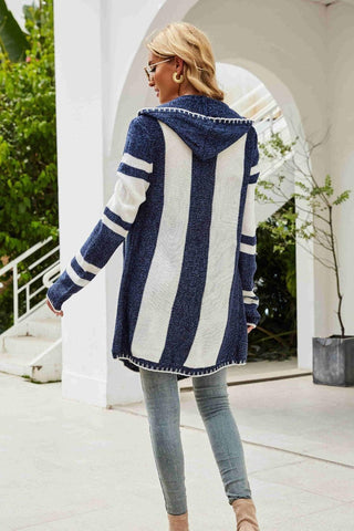 Striped Open Front Hooded Cardigan - SwagglyLife Home & Fashion