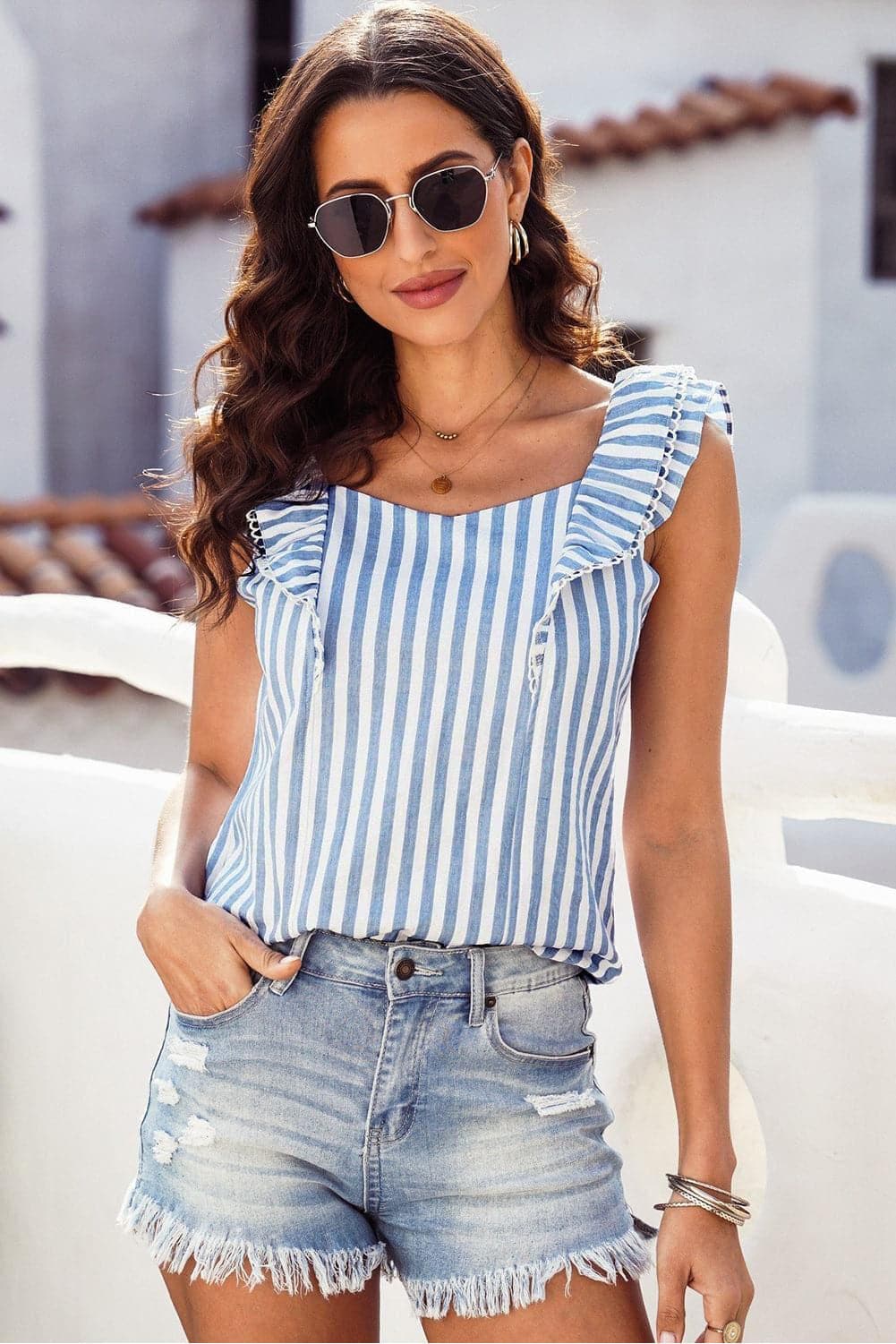 Striped Tie Back Ruffled Tank - SwagglyLife Home & Fashion