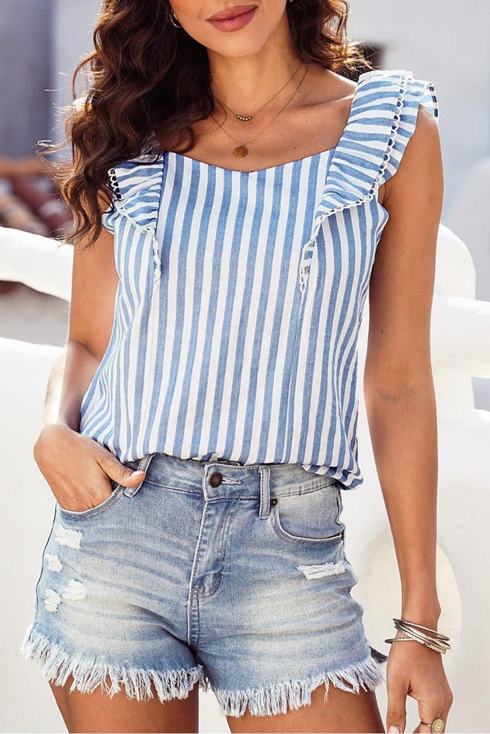 Striped Tie Back Ruffled Tank - SwagglyLife Home & Fashion