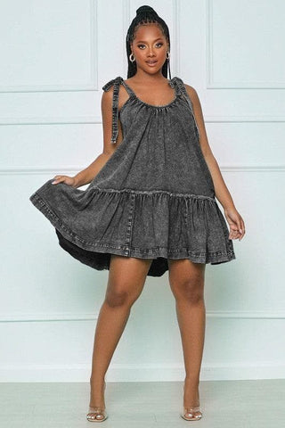 SUNNY SUNDAYS Tie-Strap Ruffle Denim Dress - SwagglyLife Home & Fashion