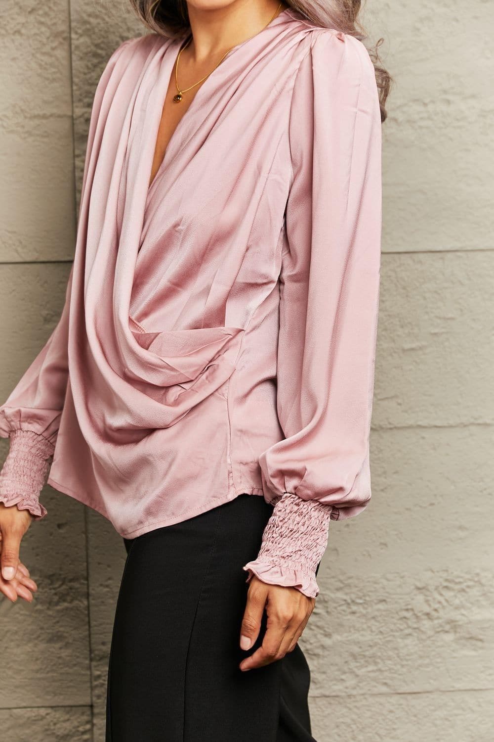Surplice Neck Ruched Lantern Sleeve Blouse, Blush Pink - SwagglyLife Home & Fashion