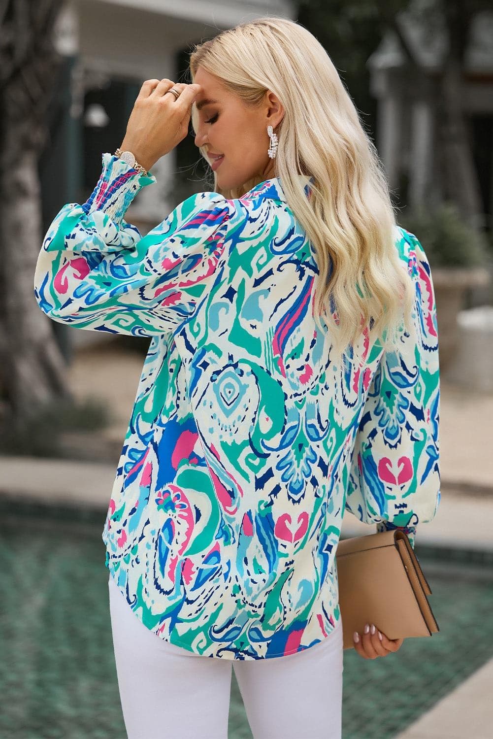 Printed Puff Sleeve Collared Blouse, Multiple Colors - SwagglyLife Home & Fashion