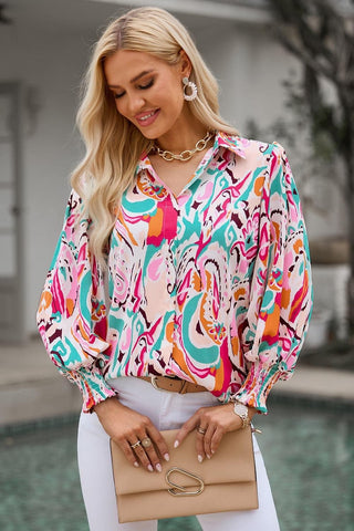 Printed Puff Sleeve Collared Blouse, Multiple Colors - SwagglyLife Home & Fashion