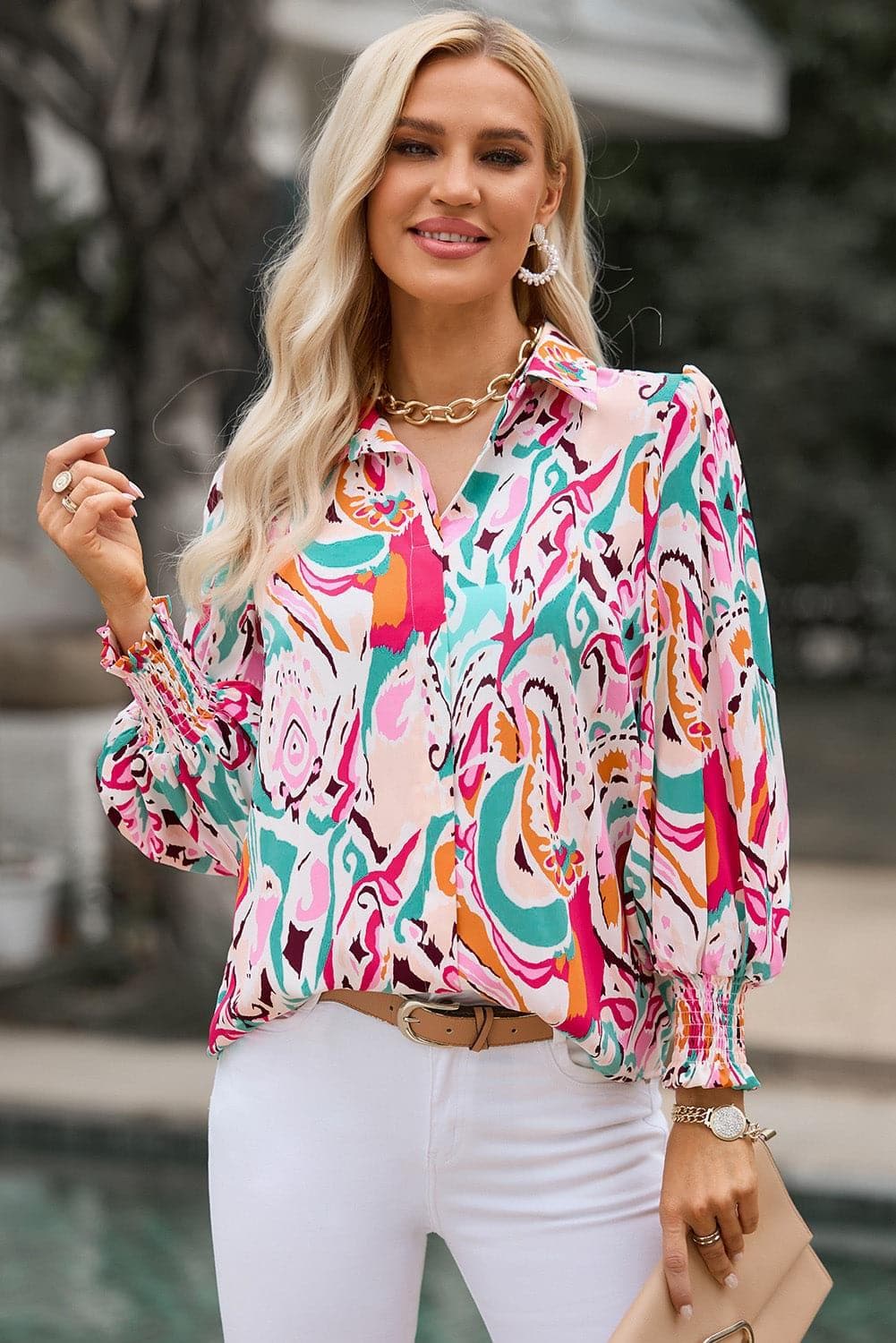 Printed Puff Sleeve Collared Blouse, Multiple Colors - SwagglyLife Home & Fashion