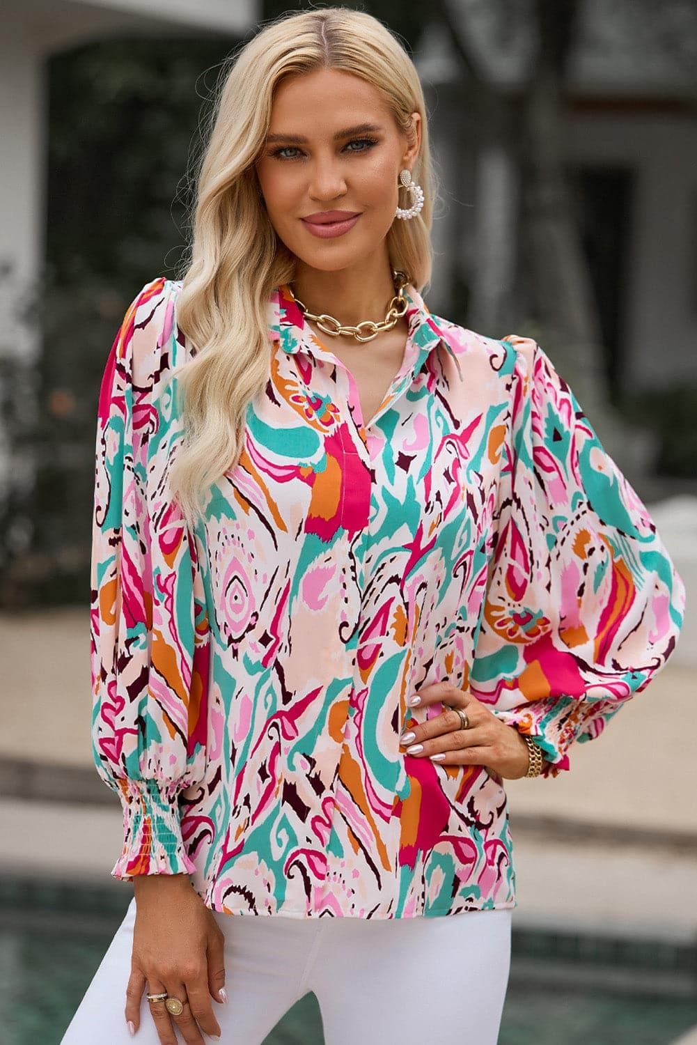 Printed Puff Sleeve Collared Blouse, Multiple Colors - SwagglyLife Home & Fashion